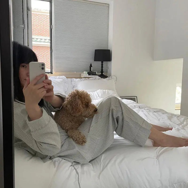 Striped Sleepwear Women Pajama Sets Korean Pajama Autumn Pants Sets for Women 2 Pieces Button Night Wears Long Sleeve Home Suit