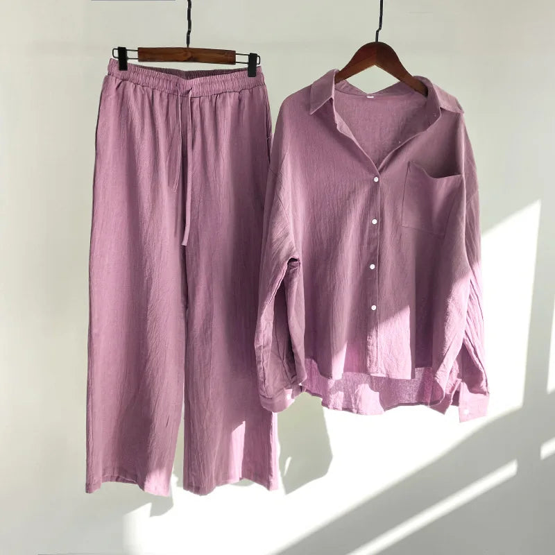 Loose Solid Color Cardigan Shirt Wide Leg Pants Women's 2-piece Set Of Retro Cotton Linen Shirt High Waist Long Pants Set Outfit