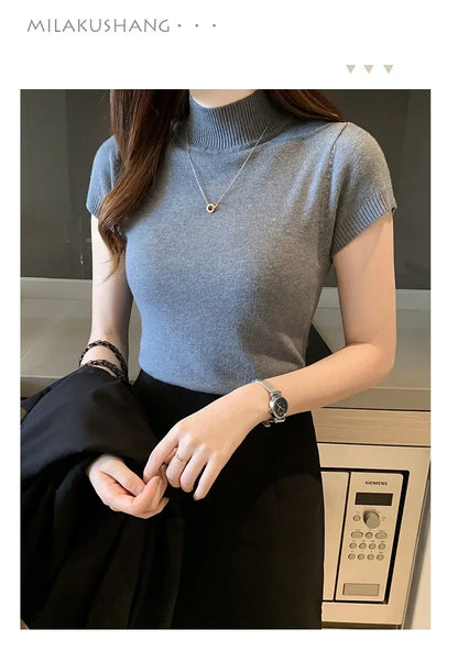 Fashion Woman Blouses 2025 Short Sleeve Summer Tops Blouse Women Turtleneck Knitted Blouse Shirt Women's Tops And Blouses