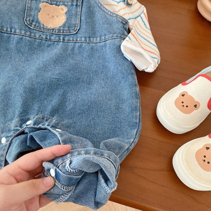 2025 Autumn Korean Baby Boys Girls Pants Cartoon Jeans Overalls Cute Bear Infant Toddler Kids Cotton Suspender Denim Jumpsuit