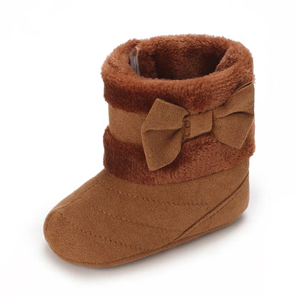 Cute Bowknot Comfortable Boots For Baby Girls Soft Warm Plus Fleece Boots For Indoor Walking Autumn And Winter