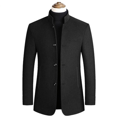 Men's Woolen Coat 2025 Autumn/Winter New Cotton Thickened Single Breasted Standing Collar Wool Blend Male Jacket