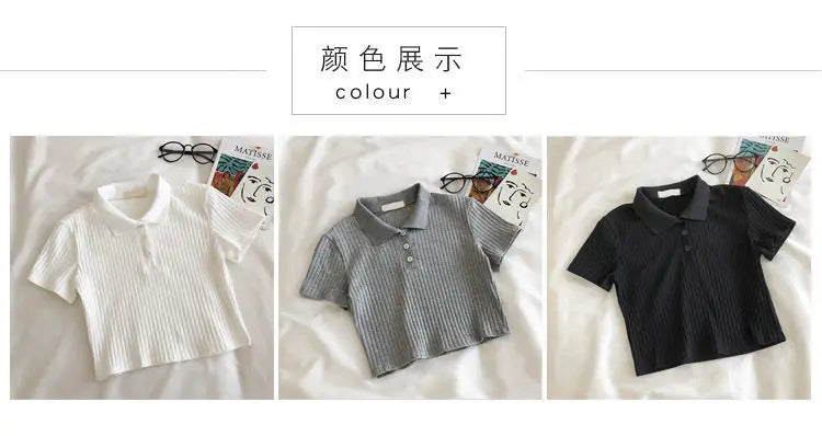 Women Knit School Polo Neck Cropped Shirt Summer Short Sleeve Youthful Solid Color Crop Top Female Basic Blouse Lady Pullover