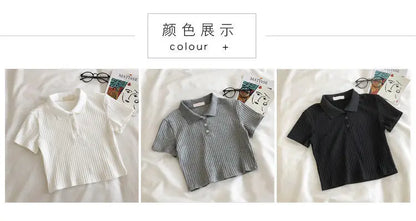 Women Knit School Polo Neck Cropped Shirt Summer Short Sleeve Youthful Solid Color Crop Top Female Basic Blouse Lady Pullover
