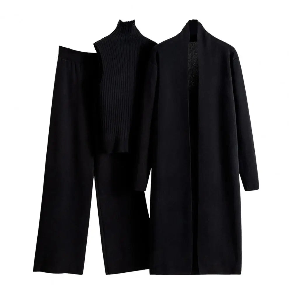 3 Pcs/Set Women Sweater Coat Vest Pants Knitted Turtle Neck Sleeveless Sweater Mid Length Cardigan Fall Winter Two Pieces Set