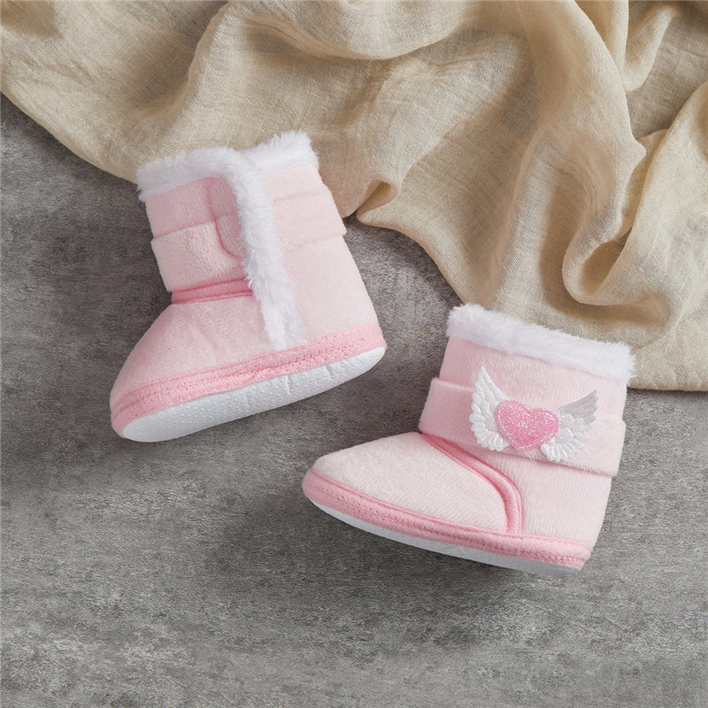 Suefunskry Newborn Baby Winter Snow Boots Contrast Color Ankle Boots Warm Plush Heart Wings Baby Walking Shoes for Toddler 0-18M