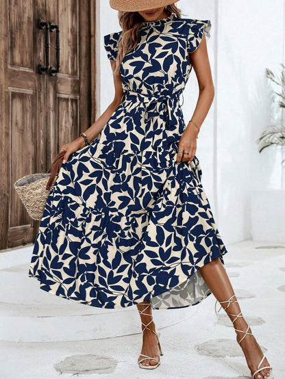 Elegant Women's Flower Midi Dress New Summer Fashion Stand Collar Flying Sleeve Lace Up Dress Casual Beach Holiday Dresses Robe