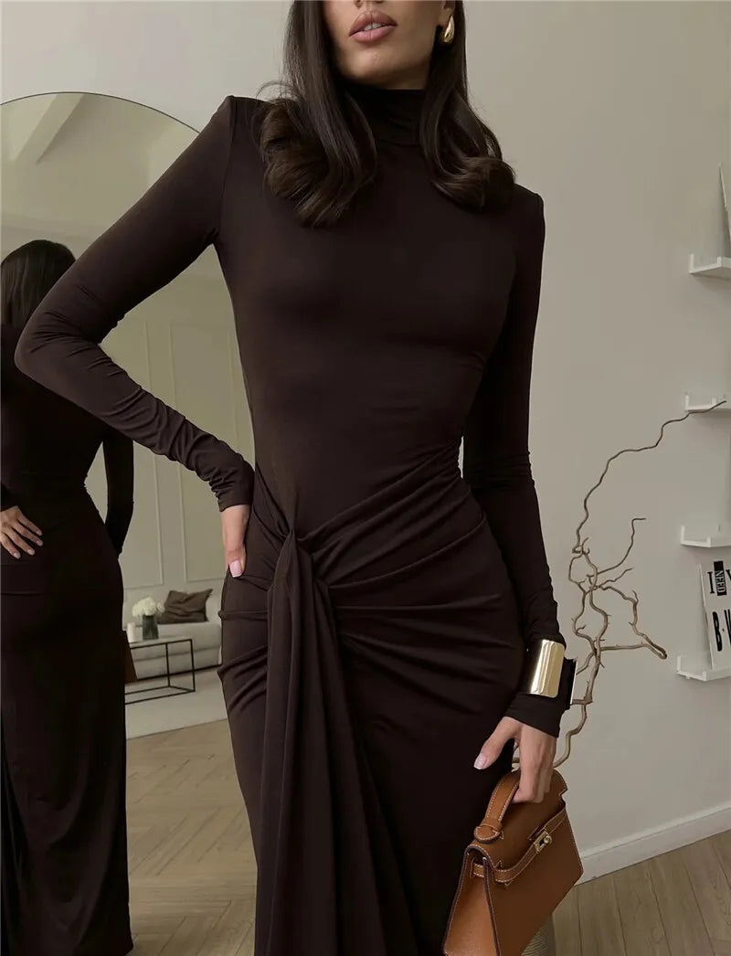 Mozision Turtleneck Thigh High Split Sexy Maxi Dress For Women Fashion Long Sleeve Draped Bandage Bodycon Club Long Dress