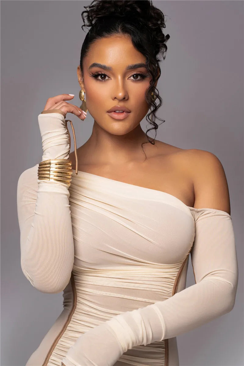 Diagonal Collar Long Sleeve Midi Dress For Women Two Layer Mesh Backless Ruched Bodycon Club Party Sexy Long Dress