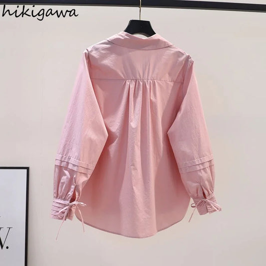 Vintage Blouse for Women 2025 Faldas Mujer De Moda Summer Oversized Tops Folds Bandage Long Sleeve Fashion Shirts Blouse