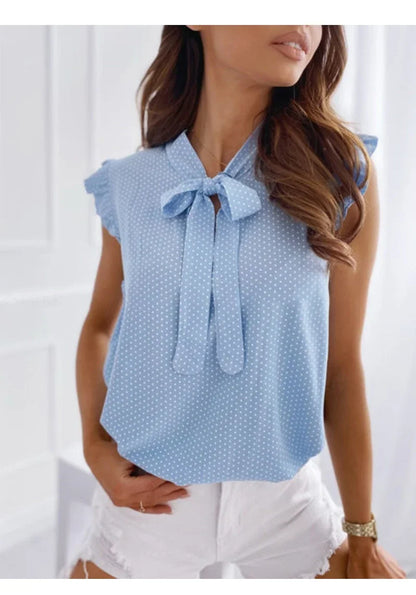 Summer Women Elegant Ruffles Sleeveless Polka Pot Lace Up Tie Bow Blouses and Shirts Casual Oversize Tops Sexy Pullover Tunic