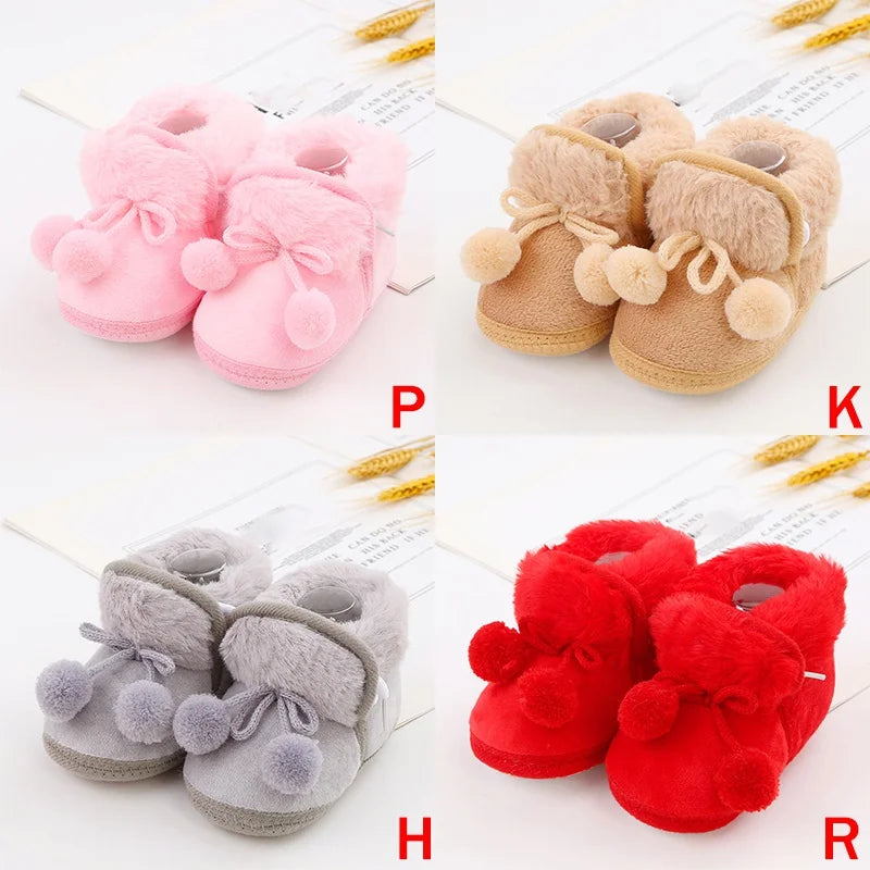 Winter Snow Baby Boots Faux Fur Warm Fluff Balls Indoor Cotton Soft Sole Infant Newborn Toddler Baby Shoes 0-18M