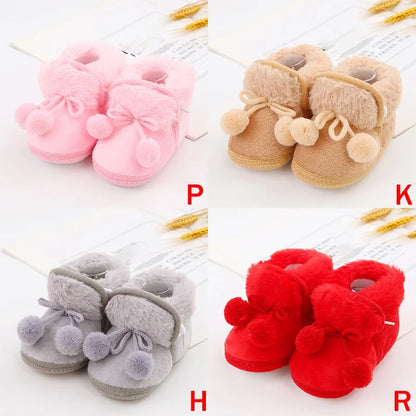 Winter Snow Baby Boots Faux Fur Warm Fluff Balls Indoor Cotton Soft Sole Infant Newborn Toddler Baby Shoes 0-18M