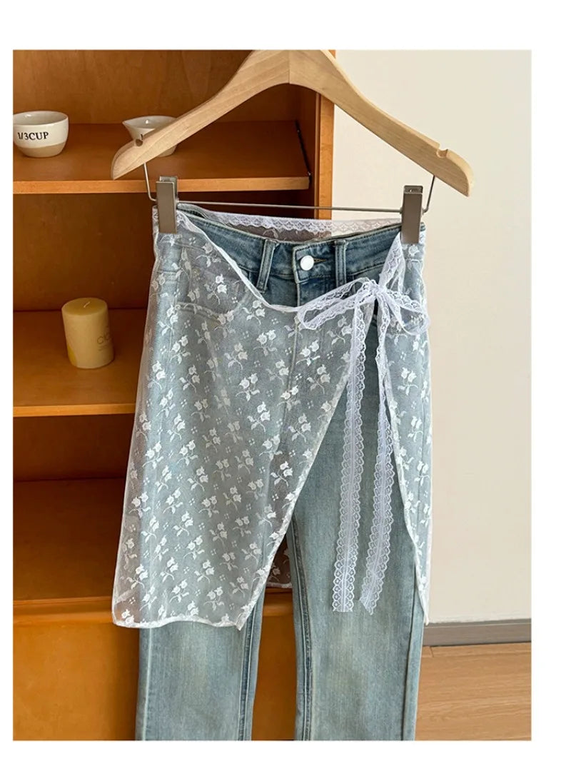 New Fashion Lace Layered Gauze Skirt with Tie Up Spicy Girl Stacked Skirt Y2k Streetwear Apron Wrap Skirt Lace Up Matching Pants