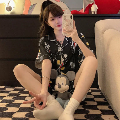 Plus Size Ins Cartoon Pajamas Set Korean Student Summer Internet Celebrity Girl Short Sleeve Shorts Thin Loose Home wear