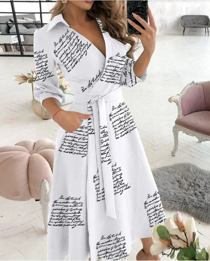 Office Women Casual Sashes A-Line Wrap Summer Dress 2025 Print Long Sleeve V-Neck Dress Pocket Elegant Midi Party Dress Vestidos