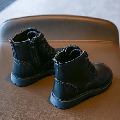 Kids Casual Boots PU Leather Black Zipper for Boys Girls Cross-tied Children Ankle High Boots Anti-skid Round Toes Soft Quality