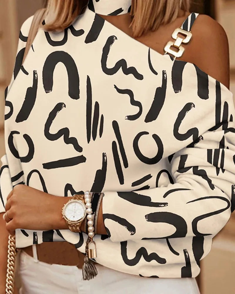 Sexy Off Shoulder Halter Neck Women Blouse Long Sleeve Fashion Print Casual Loose Tops 2025 Autumn Elegant Office Ladies Blouses