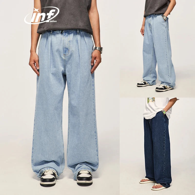 INFLATION Brown Retro Washed Denim Pants Unisex Classic Straight Leg Jeans Male Trouser Plus Size