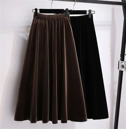 Women Large Size 4XL A-line Long Skirts Autumn Winter Ladies High Waist Skirt New Female Golden Velvet Maxi Skirt