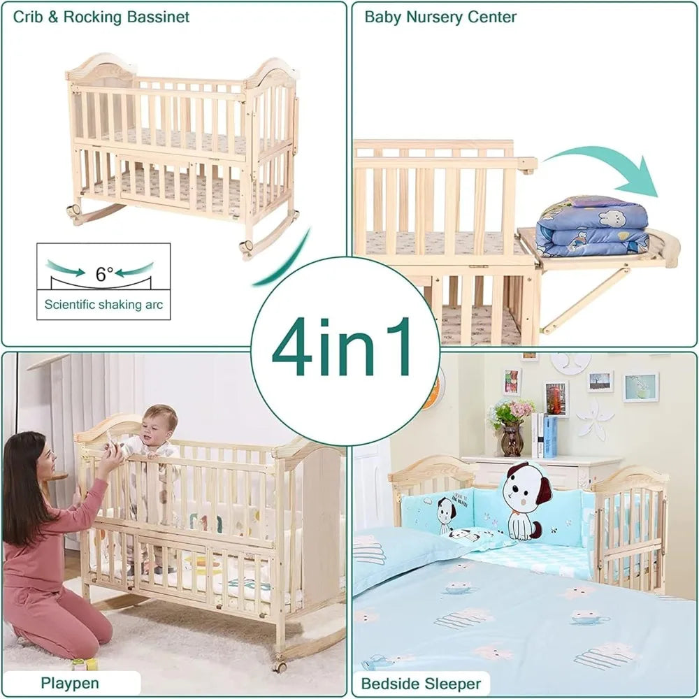 Mini Baby Crib 4 in 1 Convertible with Memory Foam Mattress(38"by 24") Included, Cunas para Babes 2024 Natural Wood Portable Crib