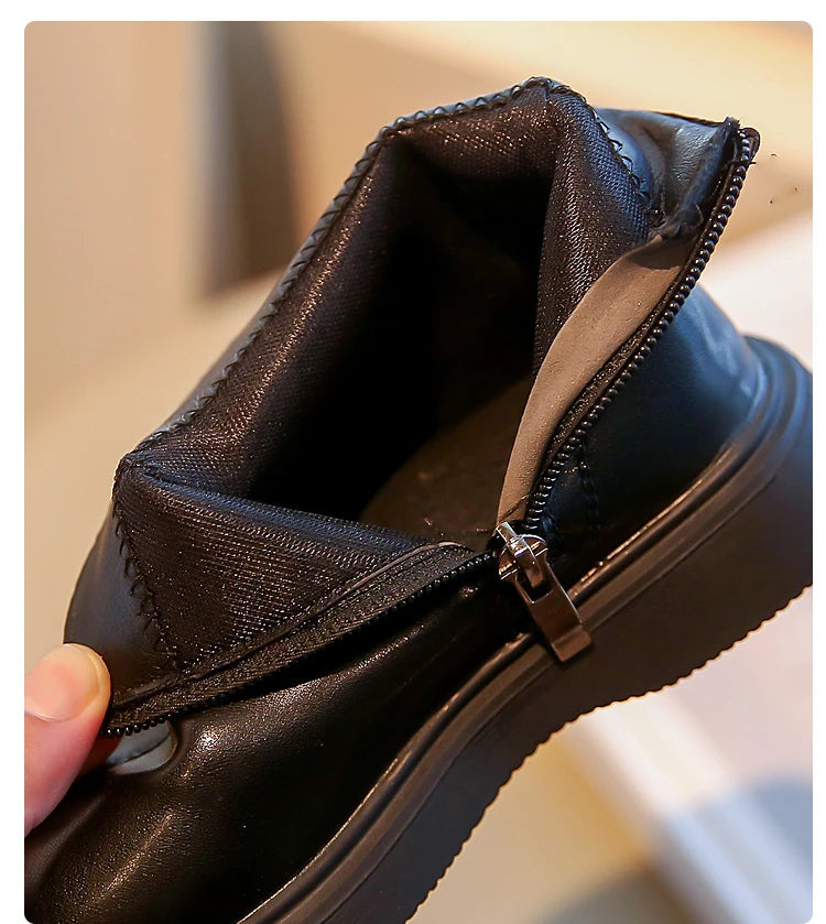 Autumn Winter Children's Boots Fashion Simple Style Girl's Ankle Boot Causal Versatile Black Kid Short Leather Boots Side Zipper