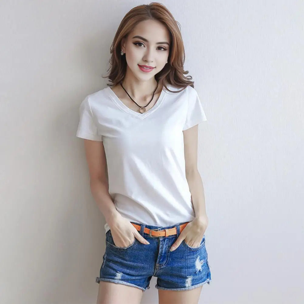 Women T-shirt V-neck Short Sleeve Slim Fit T-shirt Solid Color Pullover Tops Stretchy Bottoming Shirt Women Blouse Streetwear