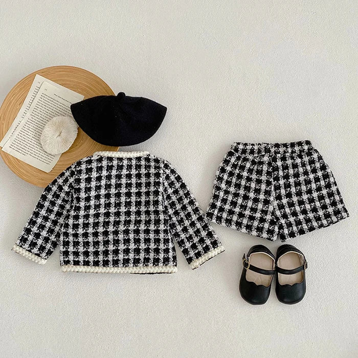 Autumn Winter Korean Style Newborn Baby Girls Clothing Set Long Sleeved Plaid Cardigan Coat+ Shorts 0-3Yrs Children Clothes Suit