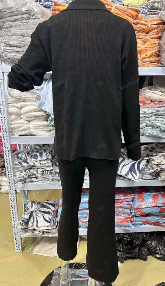 Two Piece Pant Sets Women Knit Sweater V Neck Full Sleeve Splice Loose Fit Trousers Matching Sets Thick Pants Casual Office Lady