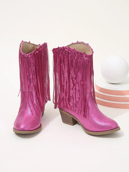Children Boots Versatile Tassels Pink Elegant 2024 New Performance Girls Boots Low Heels Shiny Solid Color Britain Princess Boot