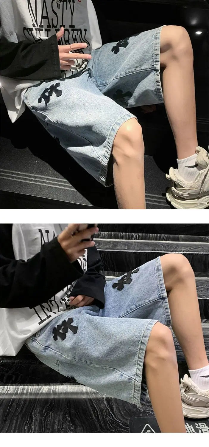 American cross-print denim shorts men's summer thin Hong Kong style loose trousers trendy brand retro casual mid-pants y2k tops
