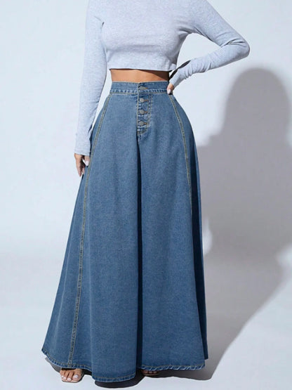 Denim Skirts Women Long Skirt A Line Single Breasted High Waist Jeans Vintage Maxi Simple Casual Elegant Splice Y2k Streetwear