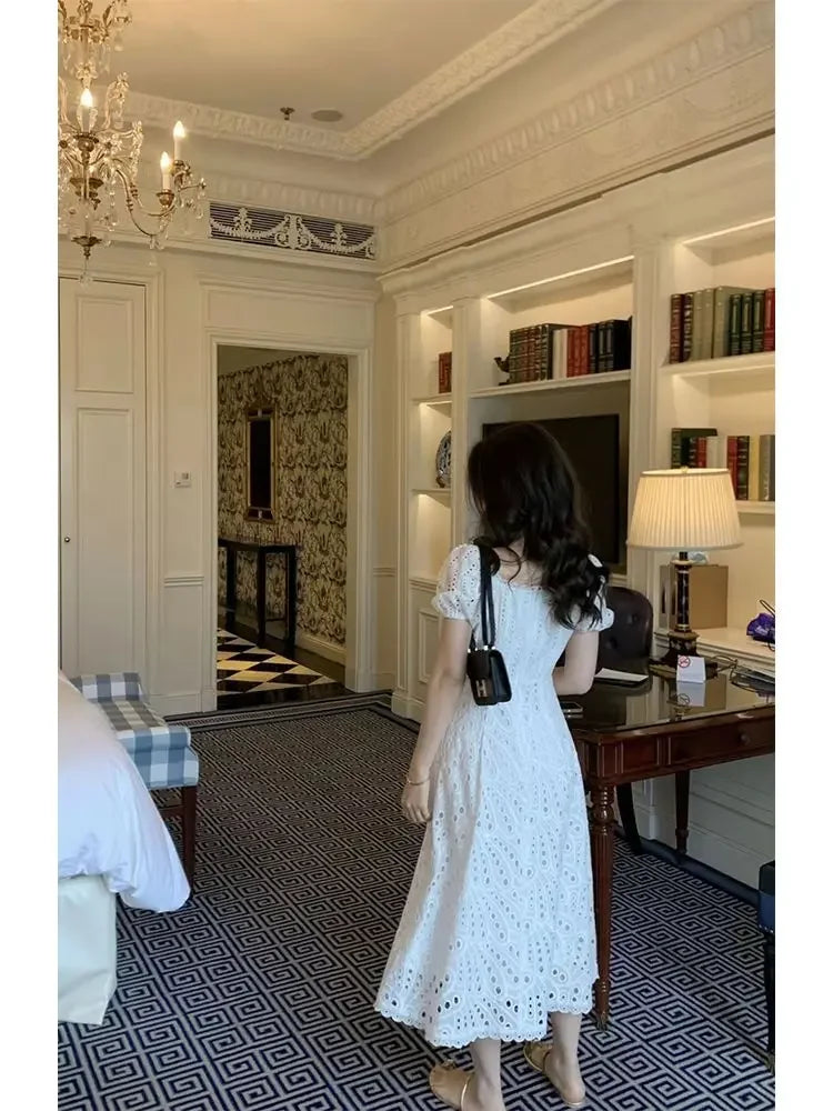 Summer Elegant Korean Chic White Midi Dress Women French Hollow Out Sexy Kawaii Vestidos De Fiesta Fashion Short Sleeve Dress