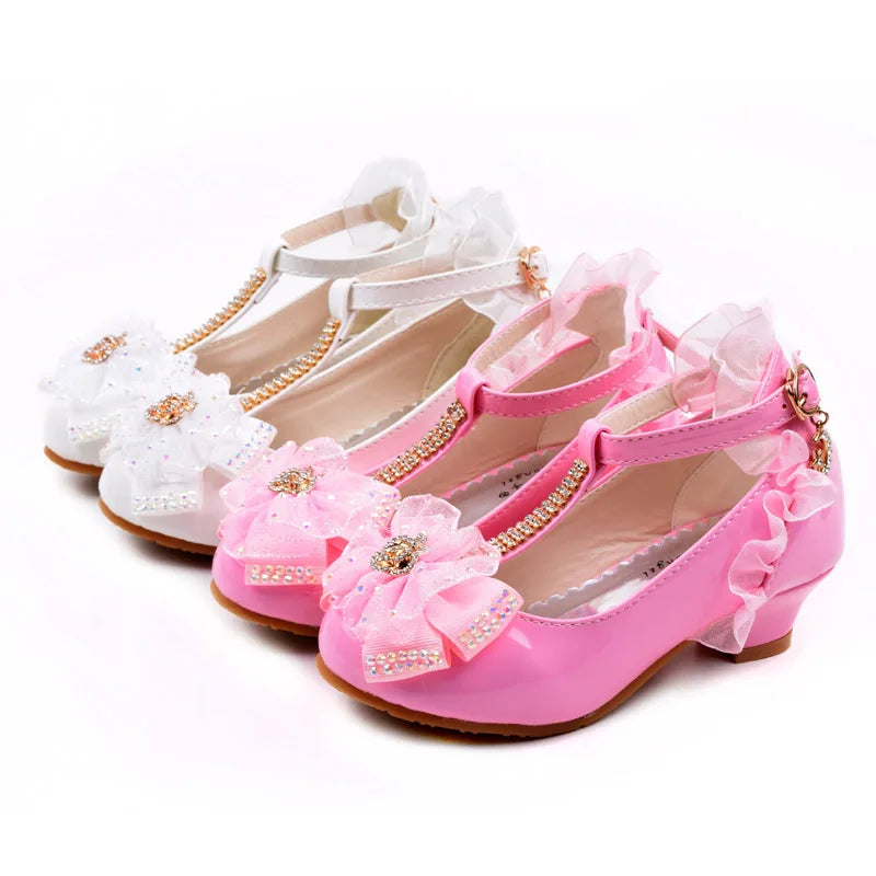 Children's Leather Shoes Girls High Heels White Princess Shoes Spring Autumn Kids Crystal Bow Party Student Performance Shoes