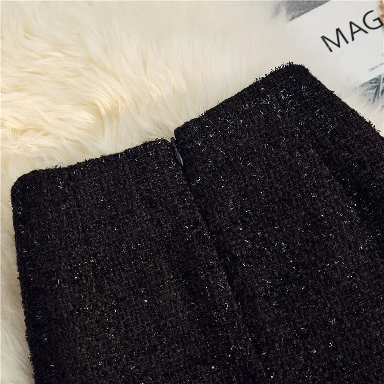 Black White Tweed Long Skirts Women Autumn Winter New Bright Silk Skirt Female Vintage High Waist A-line Wrap Skirt Office Lady