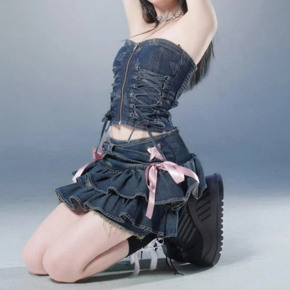 Blue Denim Pleated Skirt Bow Fold Design Women's A-line Short Skirt Built in Shorts American Spicy Girl Korean Fashion Hot sweet