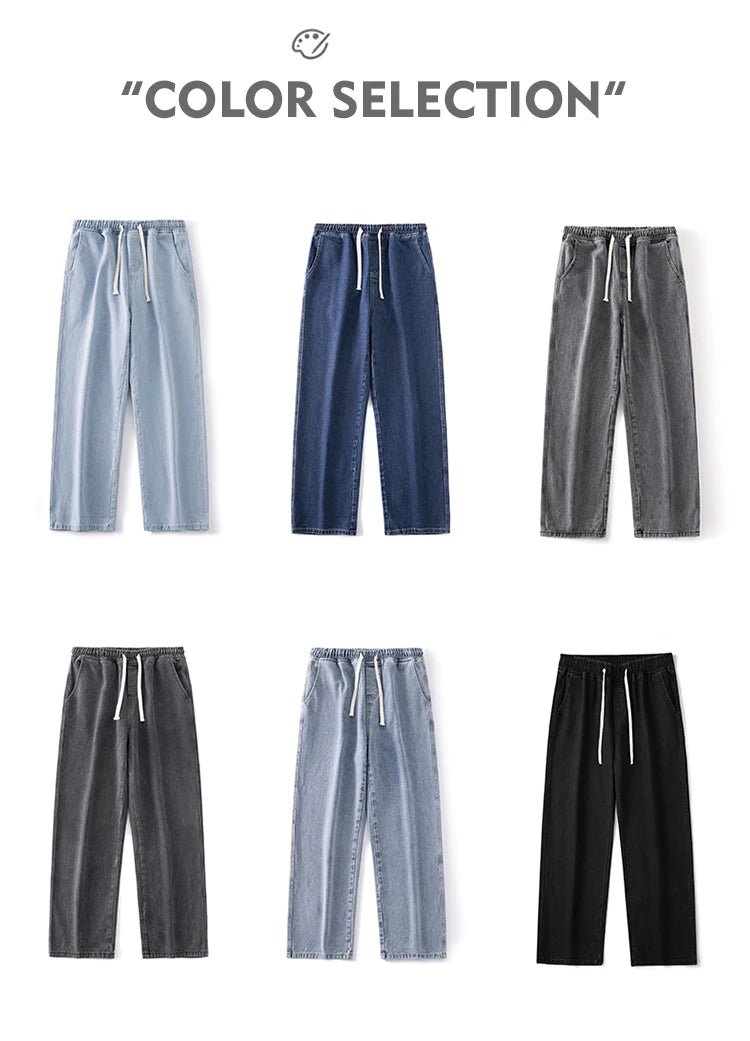 Spring Men Baggy Washed Jeans Drawstring Wide Leg Cargo Denim Pants Fashion Casual Trousers Male Designer Clothing Blue Black