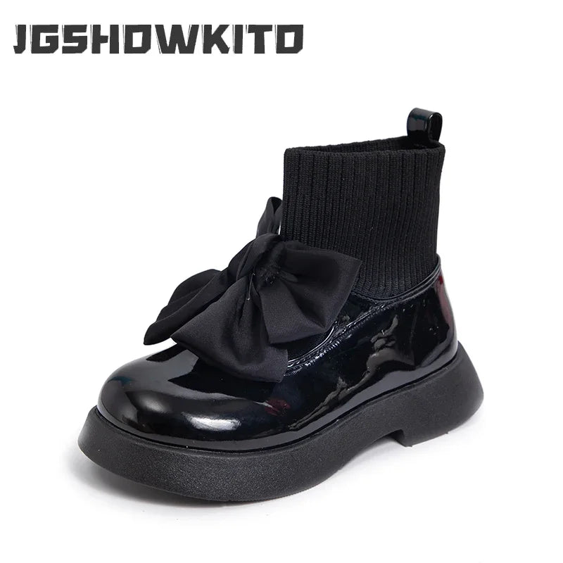 Children's Boots Fashion PU Solid Black Bow Girls Uniform 2025 Spring and Autumn New Kids Fashion Flying Knit School Socks Shoes