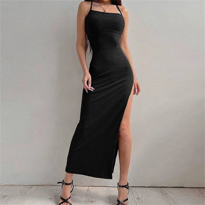 Sexy Black Long Bodycon Dress Women Summer Sleeveless Backless Halter Neck Spaghetti Strap Dresses High Split Vespids