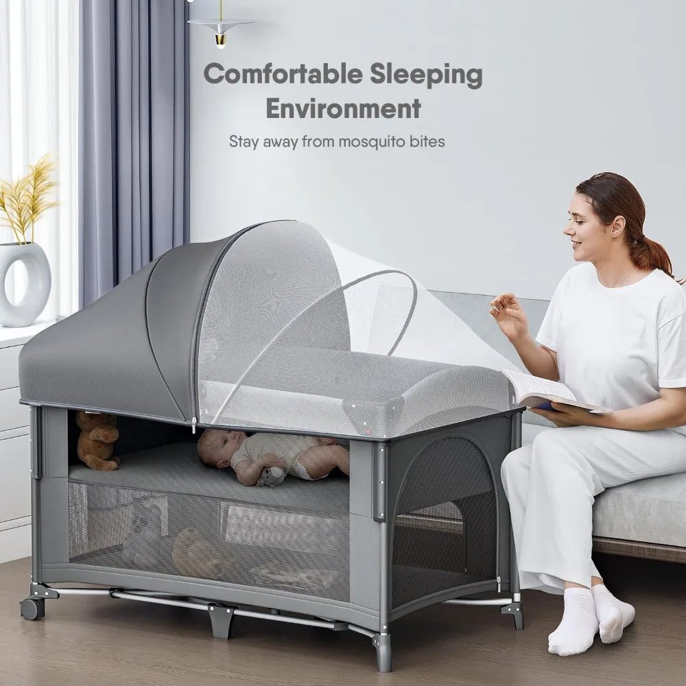 4 in 1 Baby Bassinet, Pack and Play, Bedside Crib Sleeper, Diaper Changer - Comes with Mattress, Mosquito Net Bottom Storage