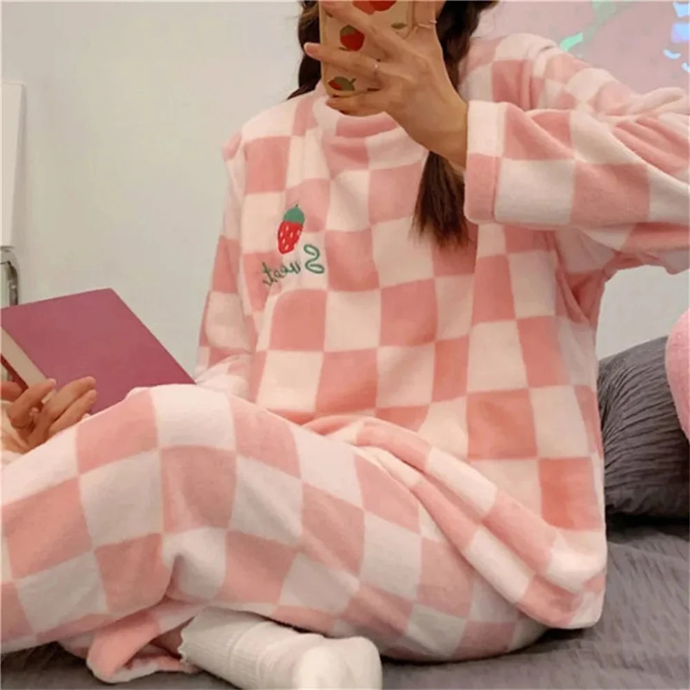 Autumn Winter Kawaii Cartoon Pajama Sets Women Pajamas Plaid Flannel Long Sleepwear Girl Pajama Night Suits Home wear PJ Suit