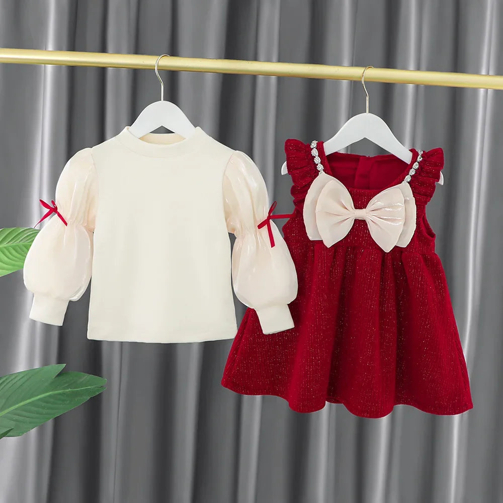 Toddler Baby Girls Dress Autumn  Winter Kids Red Christmas New Year Plush Warm Dress Infant Clothing Set Top+ skirt For 1-4 Years