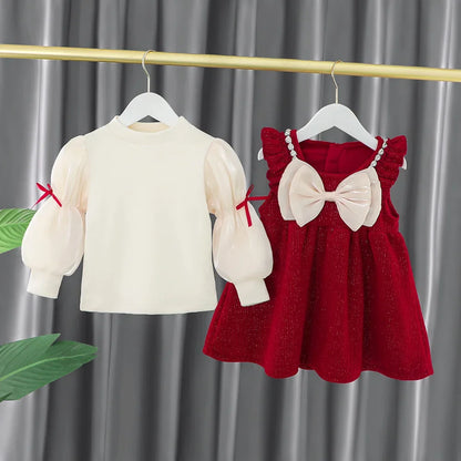 Toddler Baby Girls Dress Autumn  Winter Kids Red Christmas New Year Plush Warm Dress Infant Clothing Set Top+ skirt For 1-4 Years
