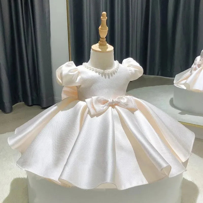 HETISO Baby Dresses for Wedding Pearl Necklace Girl Kid's Dress White Toddler Clothes Elegant Birthday Gown 1-8 Years