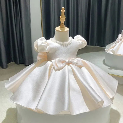 HETISO Baby Dresses for Wedding Pearl Necklace Girl Kid's Dress White Toddler Clothes Elegant Birthday Gown 1-8 Years