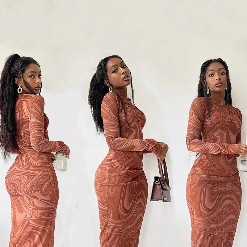 Long Sleeve Bodycon Dresses For Women Evening Party Clothes O-neck Mid Calf Sexy Vestidoes De Mujer One Piece Outfits Streetwear