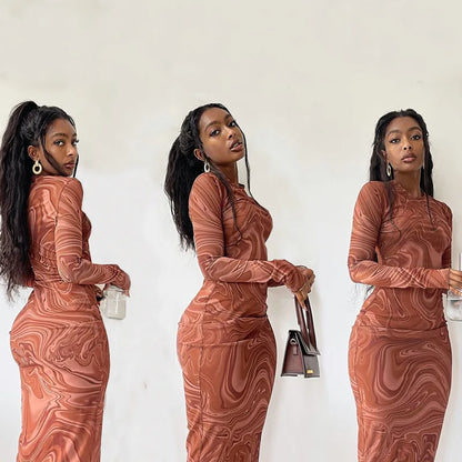 Long Sleeve Bodycon Dresses For Women Evening Party Clothes O-neck Mid Calf Sexy Vestidoes De Mujer One Piece Outfits Streetwear