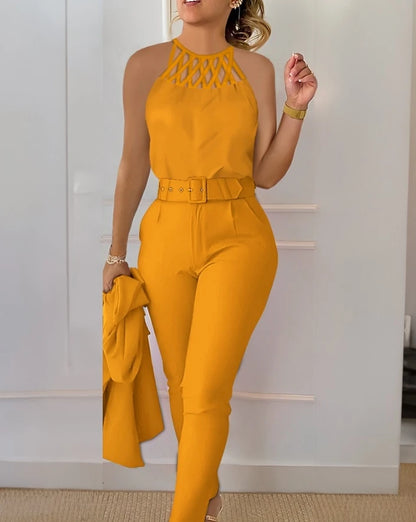 Two Piece Set Women Outfit 2025 Summer Fashion Hollow Out Round Neck Sleeveless Tank Top & Casual Pocket Daily Pants Set