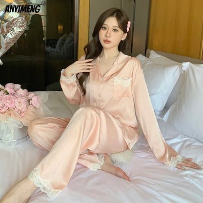 Women Casual Luxury Pajamas Thin Pajamas Female Sleepwear New Elegant Ladies Faux Silk Polyester Dots Pajama Sets Sexy Home wear