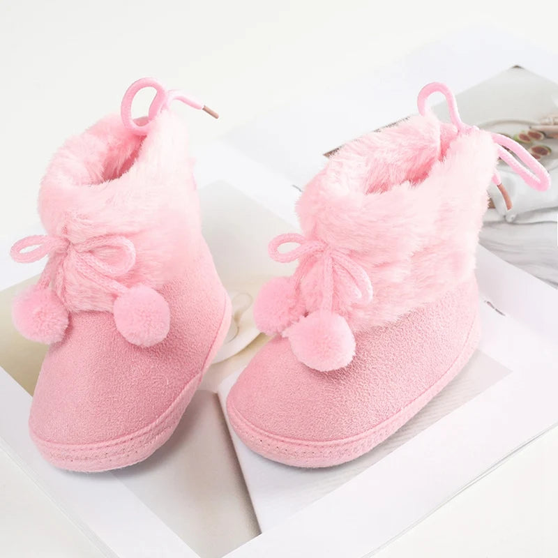 Winter Baby Boots Plus Velvet Snow Booties Baby Shoes Warm baby Girl Shoes Pompom Soft Sole Indoor Walking Shoe
